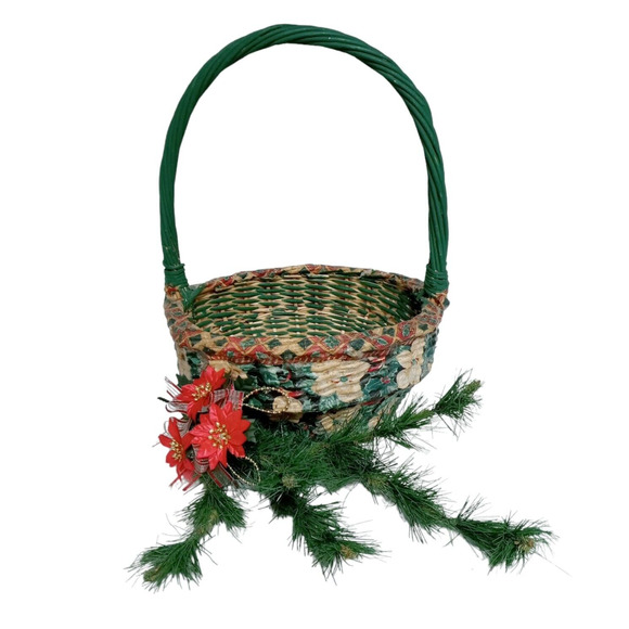 🎄🧺1980s Decoupage Wicker Basket Floral Red Green White Vintage Decor 💐 - Picture 3 of 16